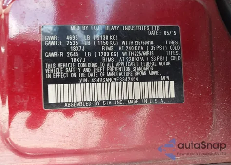 2015 Subaru Outback 2.5I Limited z USA, uszkodzony, nr VIN 4S4BSANC9F3342464